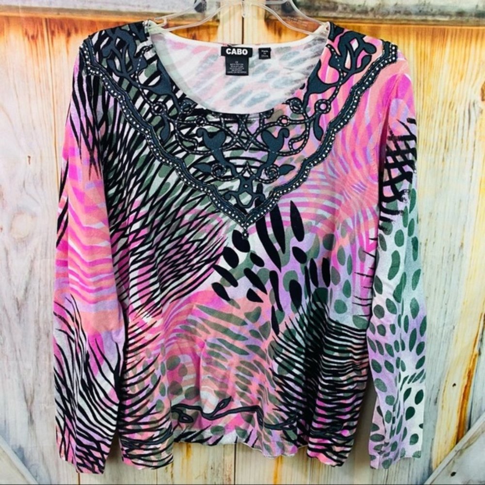 Cabo Beaded Print Lightweight Sweater 1X